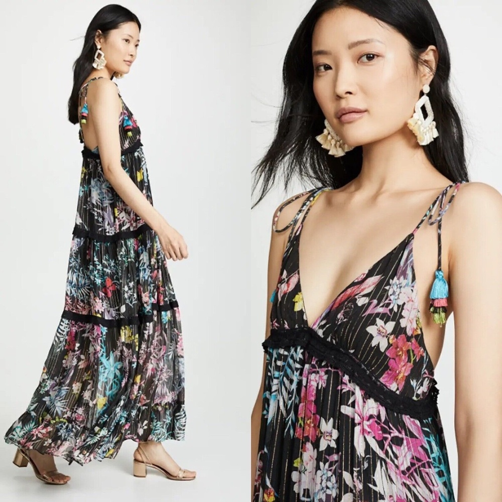 ROCOCO SAND Moonlight Floral Metallic Maxi Tiered Dress - Size XS